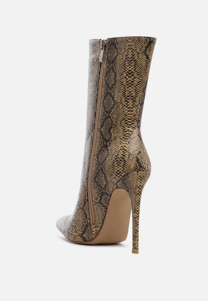 micah pointed toe stiletto high ankle boots#color_snake-print