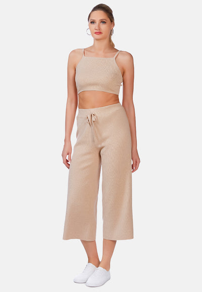 solid casual drawstring cropped pants#color_beige