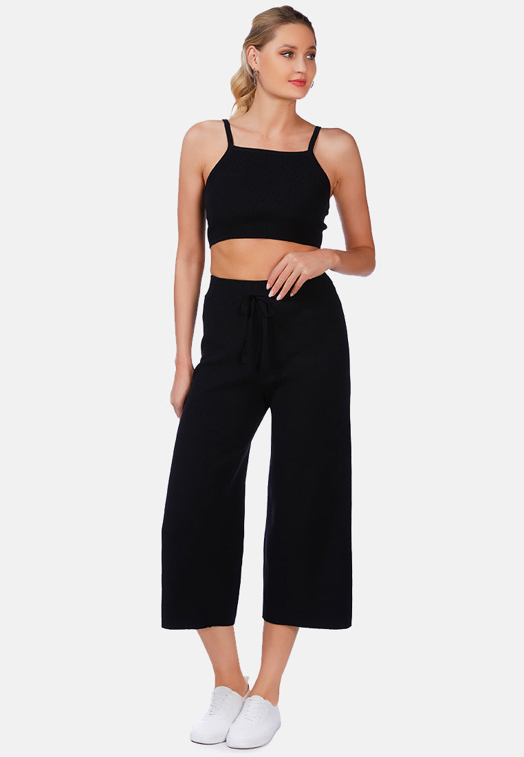 solid casual drawstring cropped pants#color_black