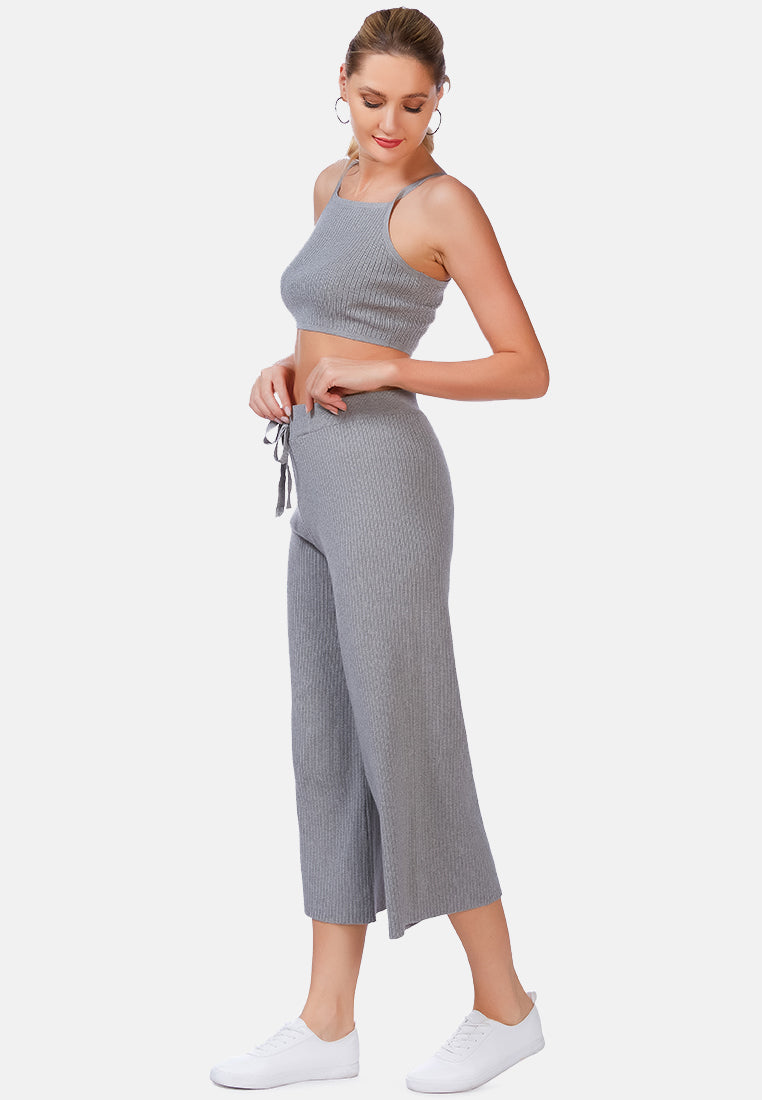 solid casual drawstring cropped pants#color_grey