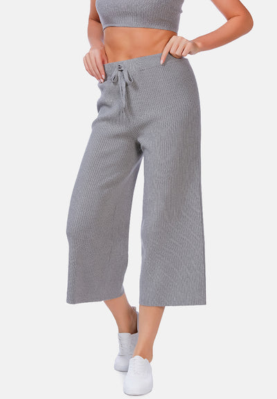 solid casual drawstring cropped pants#color_grey