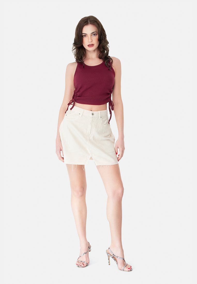 split front denim mini skirt#color_latte