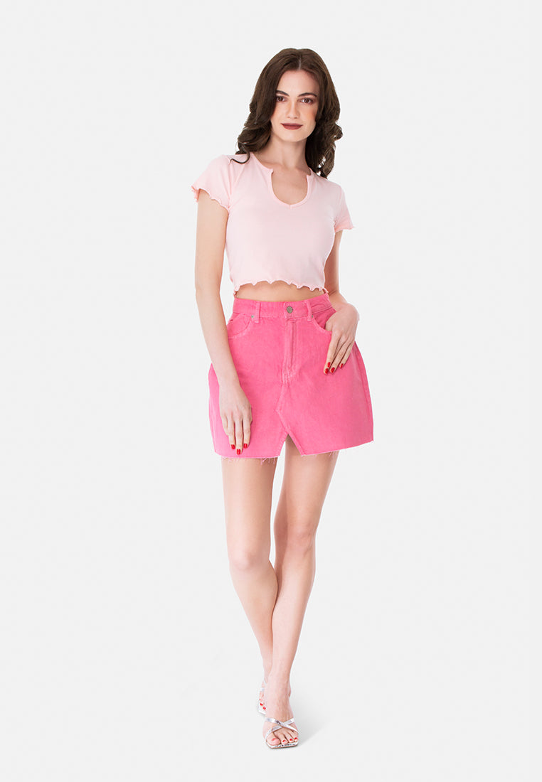 split front denim mini skirt#color_fuchsia