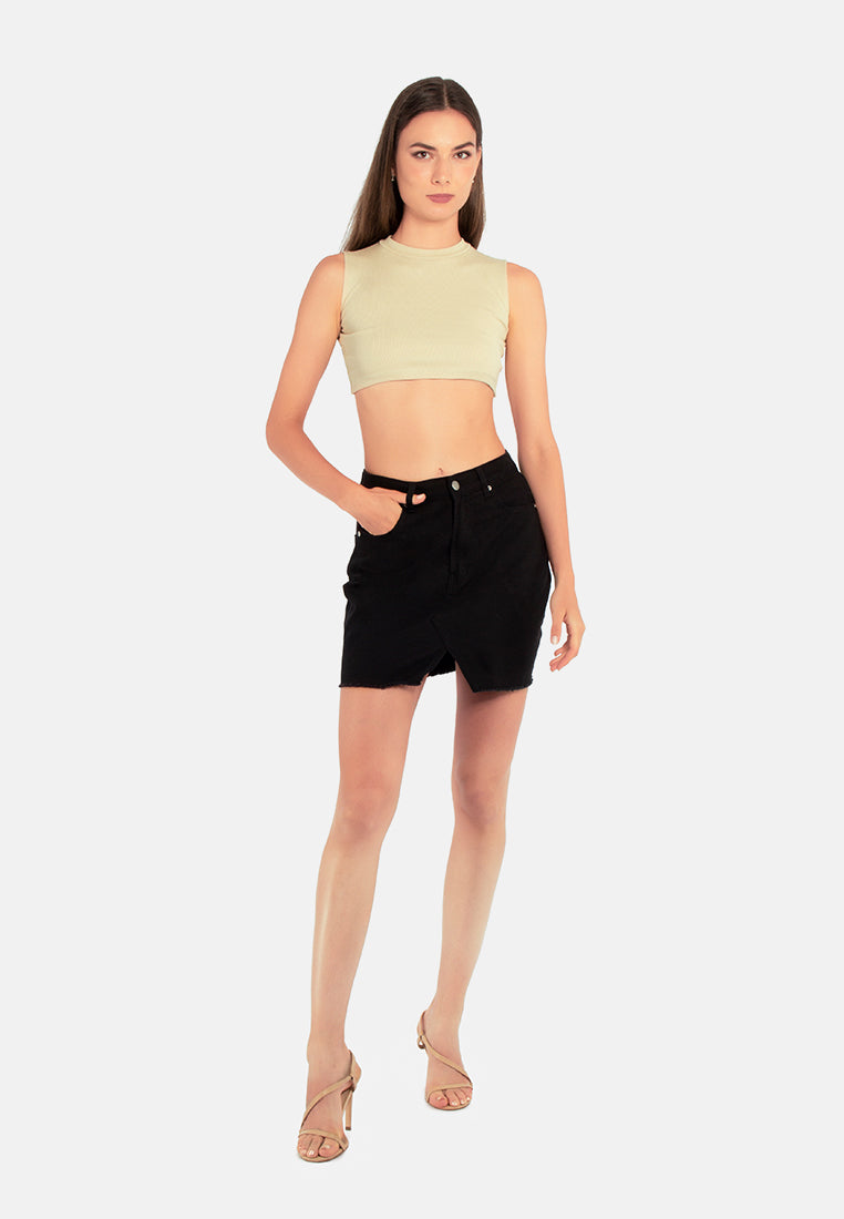 split front denim mini skirt#color_black