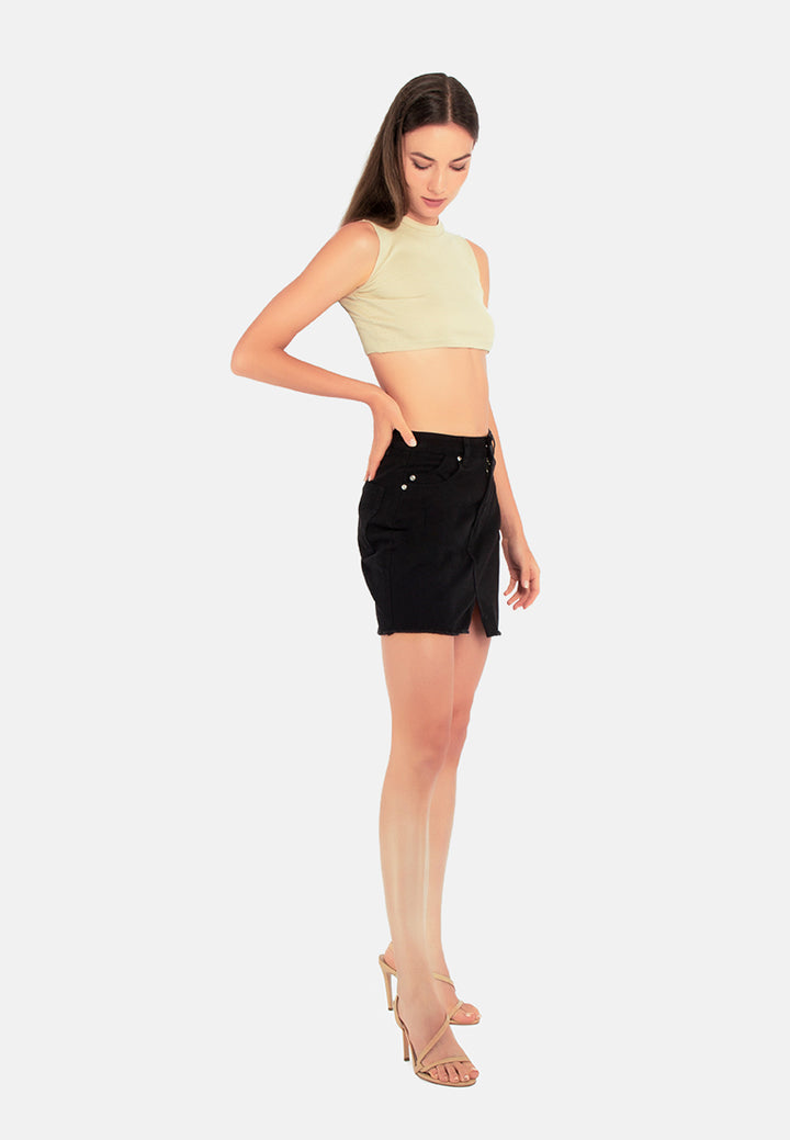 split front denim mini skirt#color_black