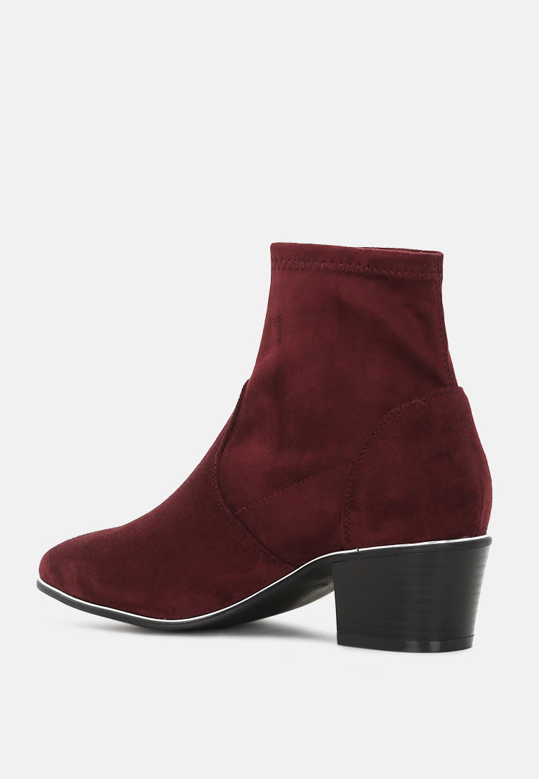 stacked heel ankle boot with silver rim#color_wine-red