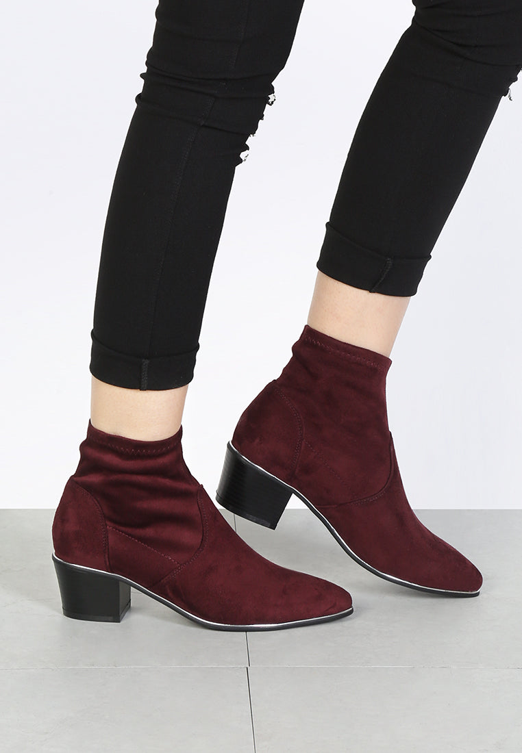 stacked heel ankle boot with silver rim#color_wine-red