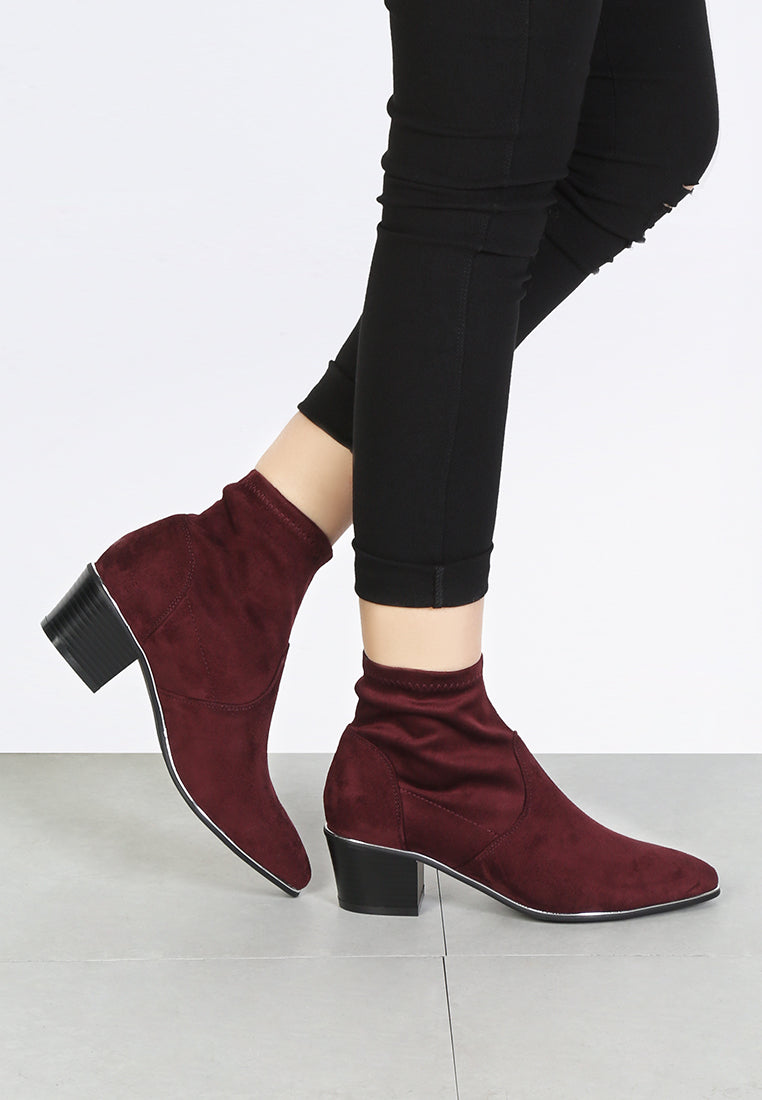 stacked heel ankle boot with silver rim#color_wine-red