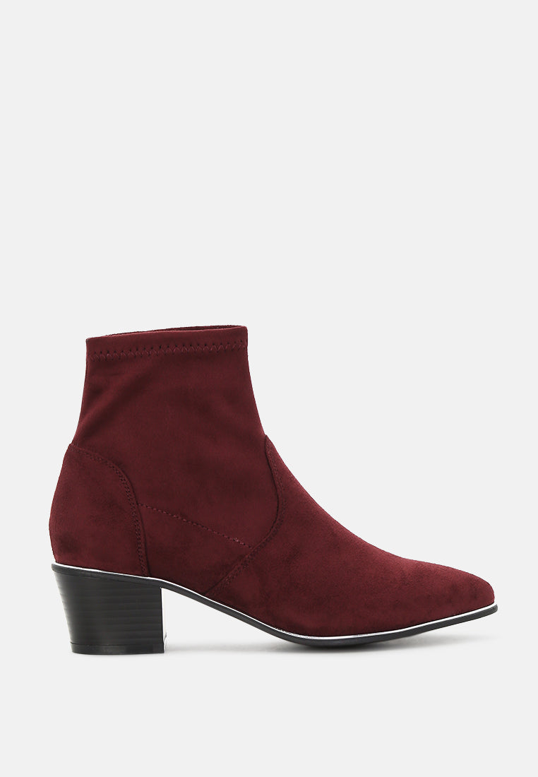 stacked heel ankle boot with silver rim#color_wine-red