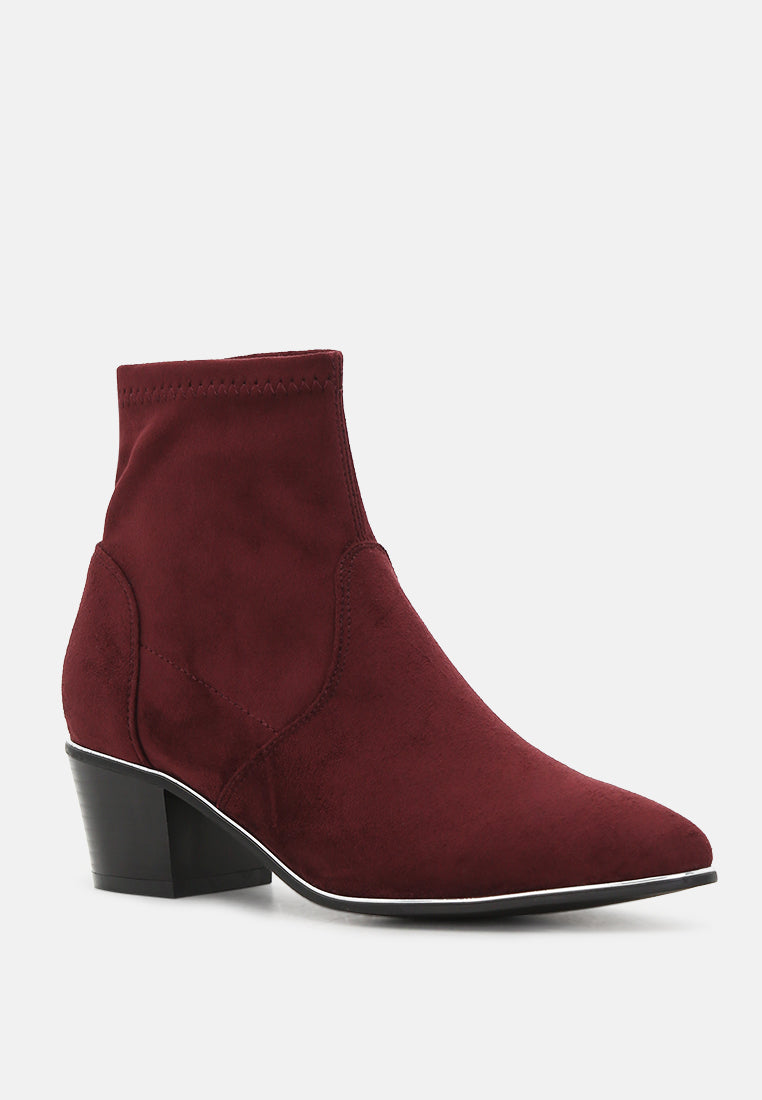 stacked heel ankle boot with silver rim#color_wine-red