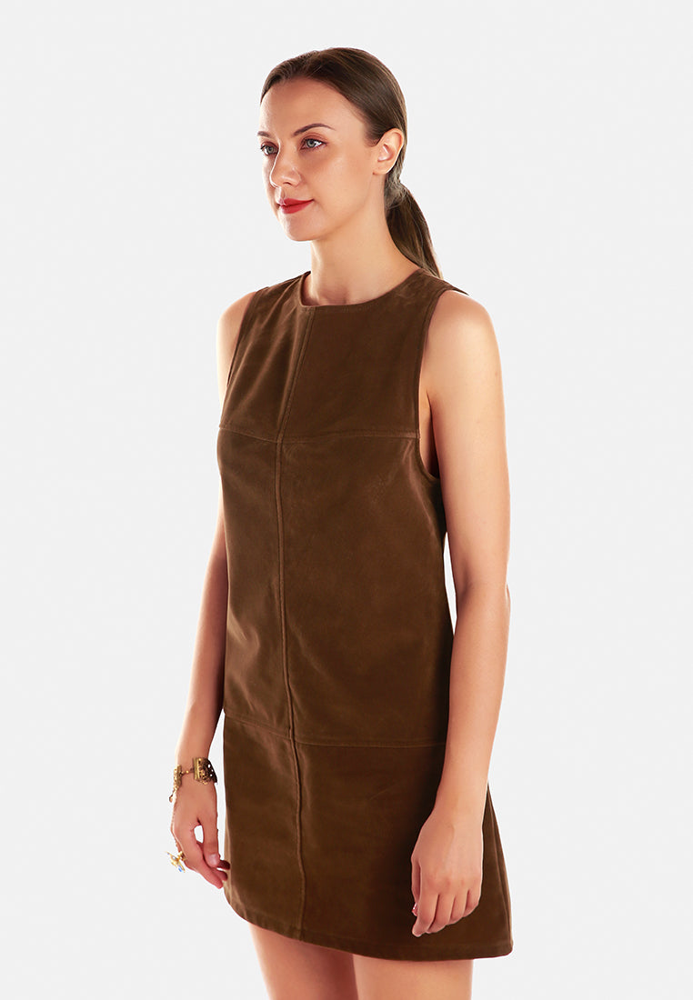 structured seam detail sleeveless shift dress by ruw#color_tan