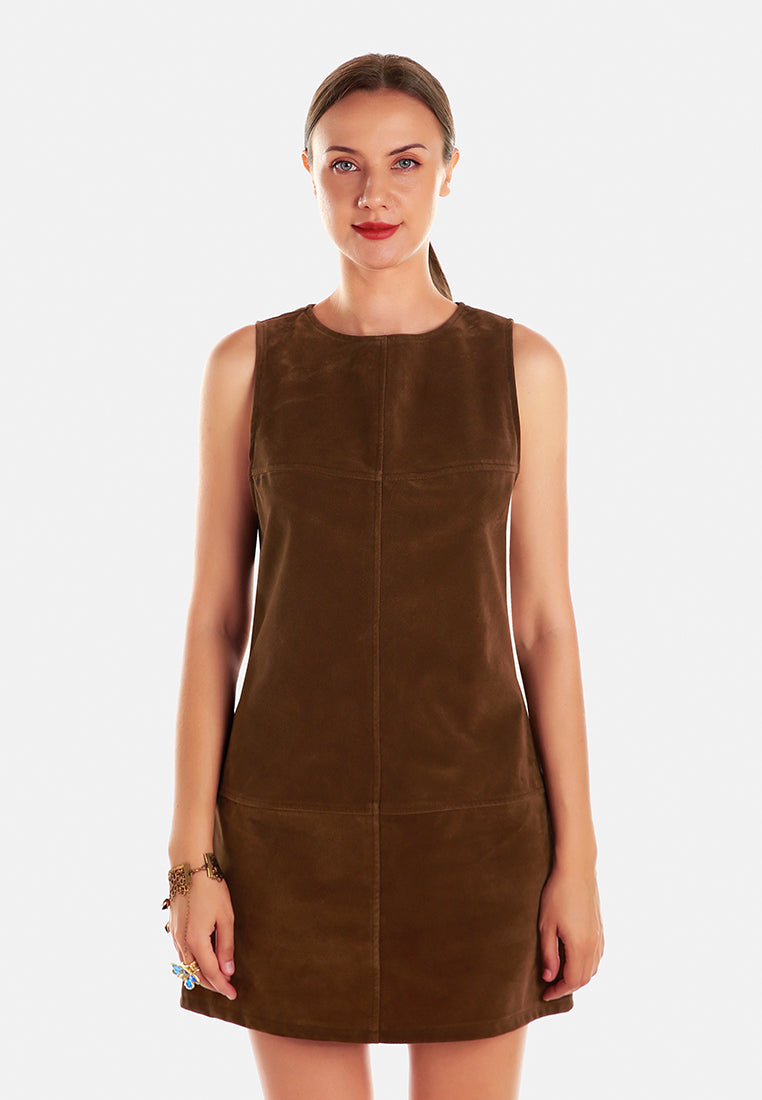 structured seam detail sleeveless shift dress by ruw#color_tan