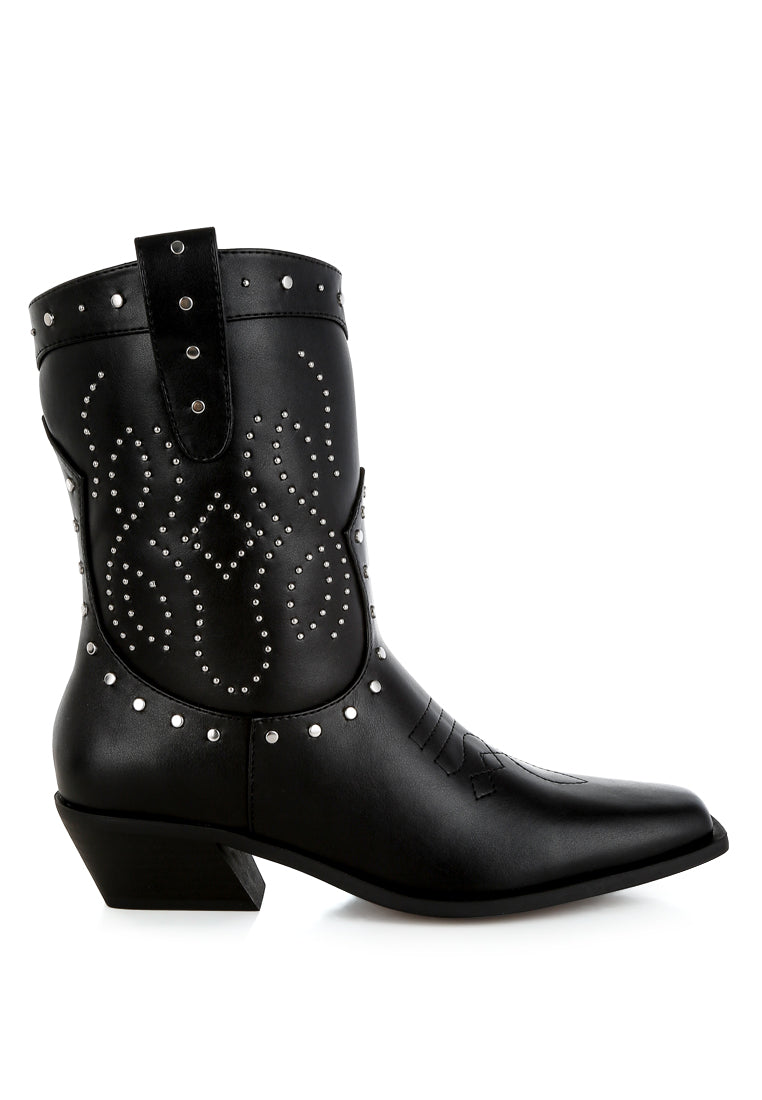 equine studded embroidery cowboy boots#color_black