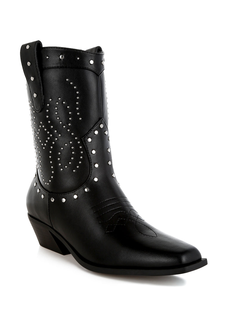 equine studded embroidery cowboy boots#color_black