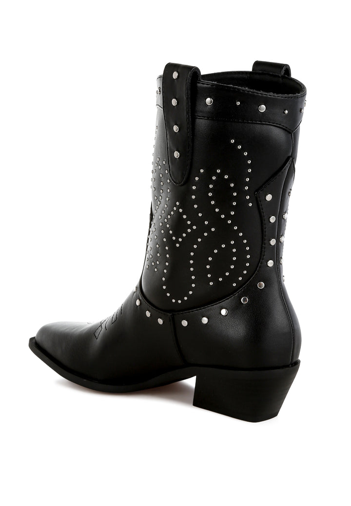 equine studded embroidery cowboy boots#color_black