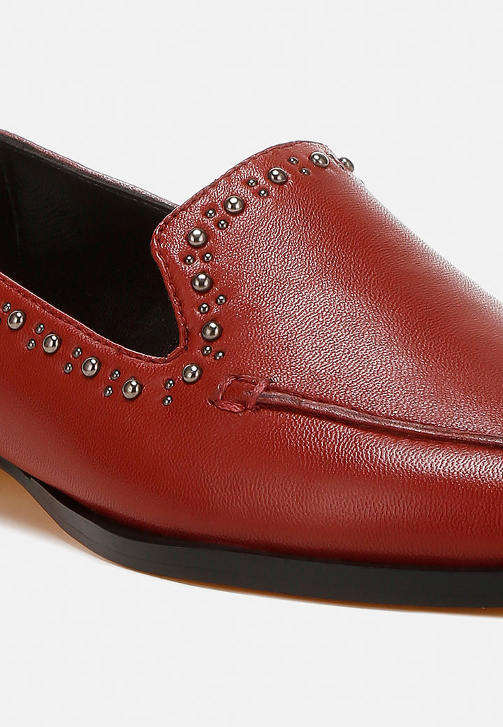 studs embellished leather loafers by ruw#color_burgundy