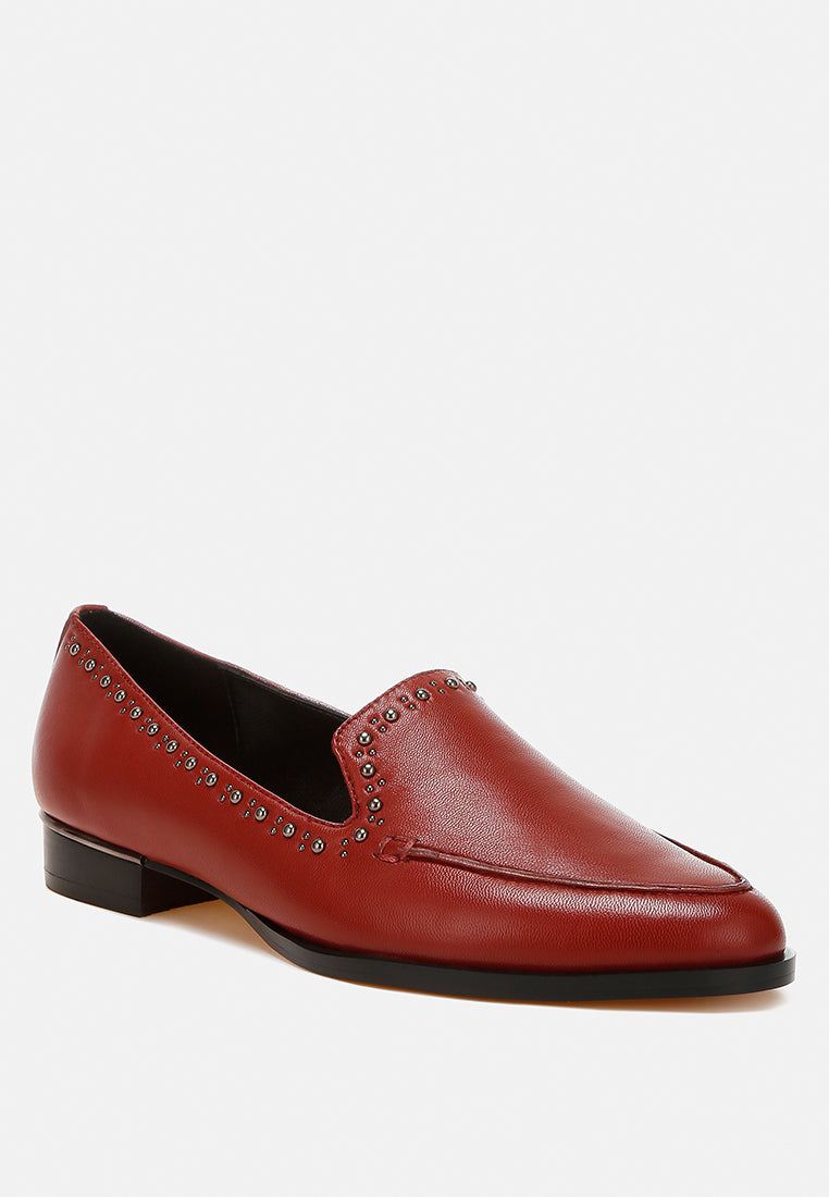 studs embellished leather loafers by ruw#color_burgundy