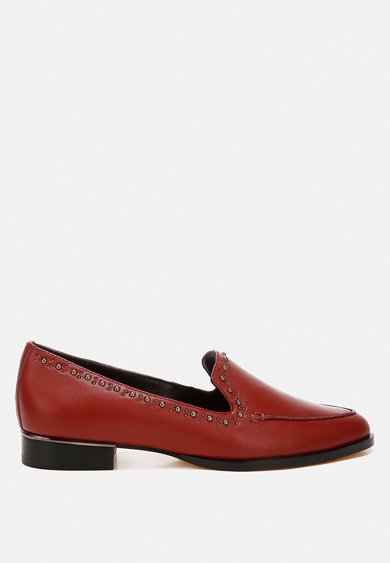 studs embellished leather loafers by ruw#color_burgundy