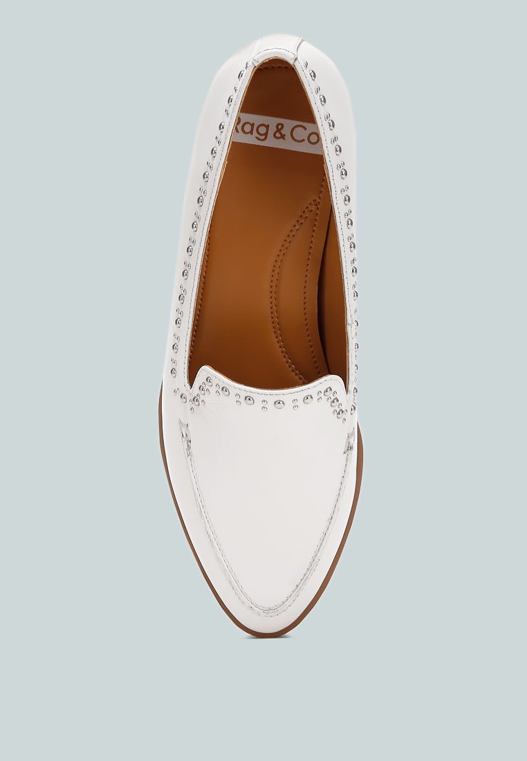 studs embellished leather loafers by ruw#color_off-white