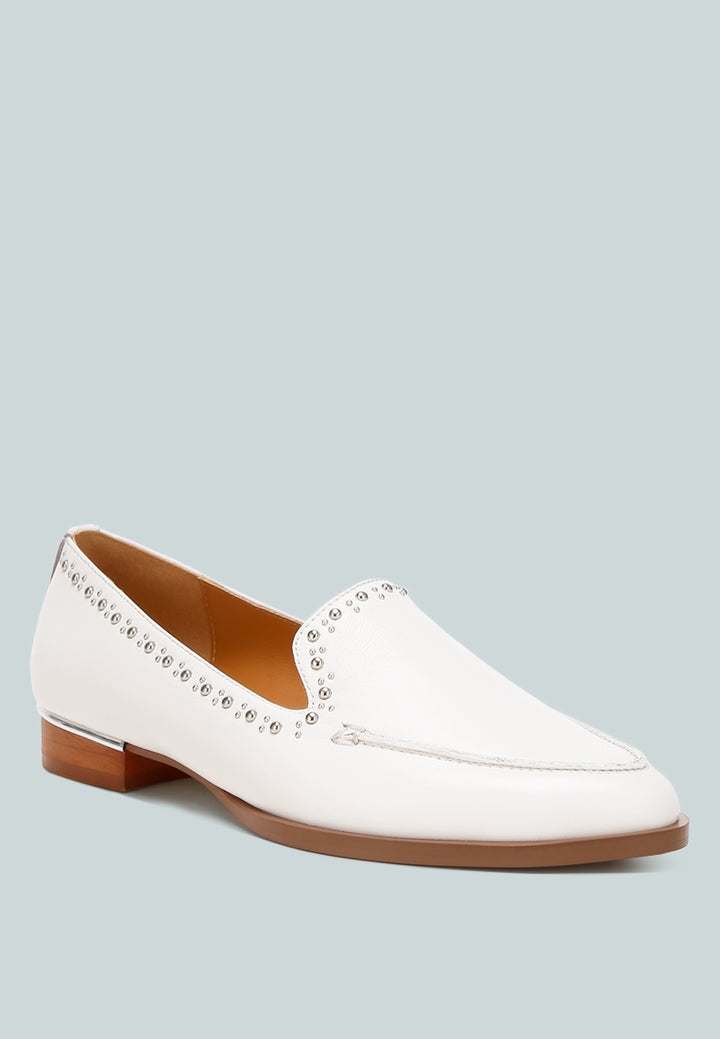 studs embellished leather loafers by ruw#color_off-white