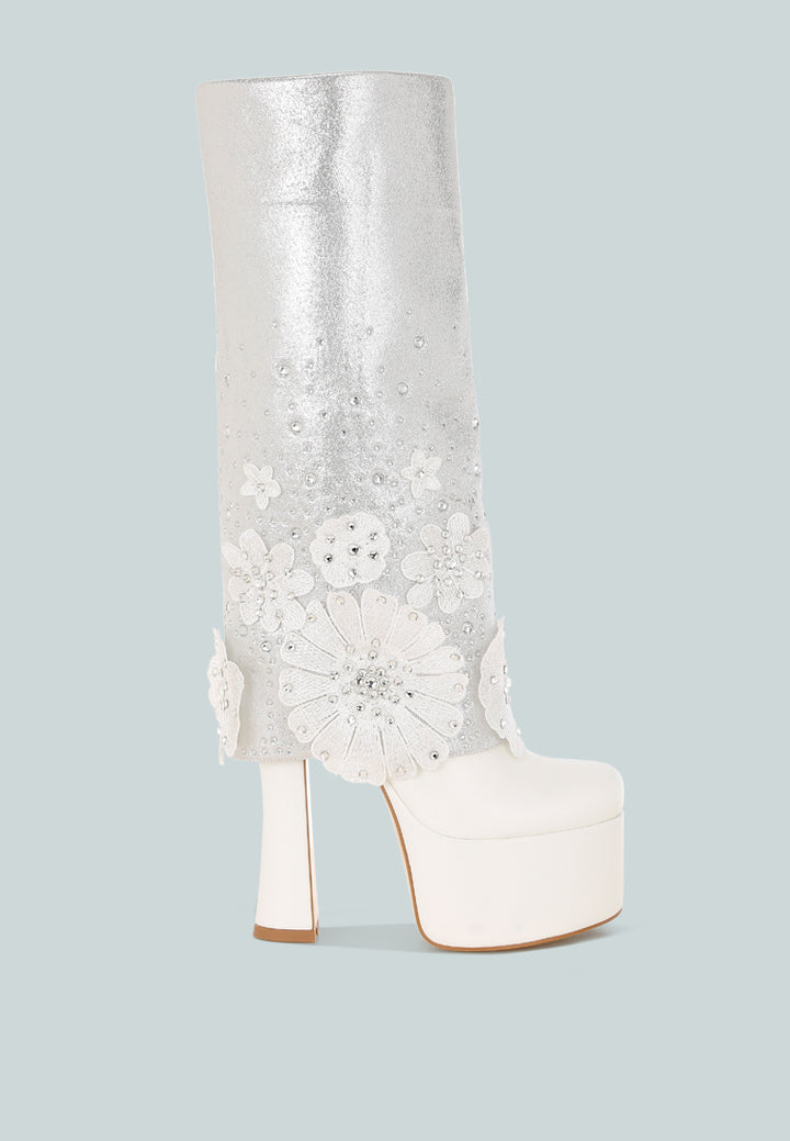 sundra floral applique platform heeled boots#color_white