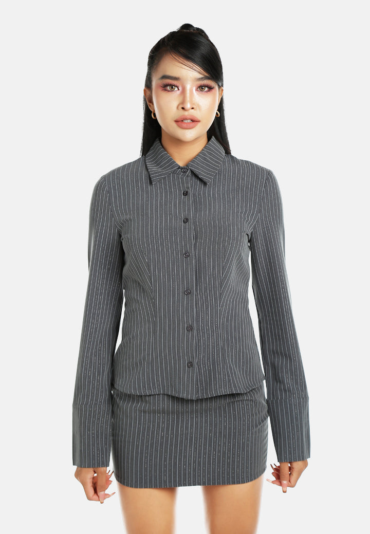 tailored glitter pinstripe button-down shirt#color_black