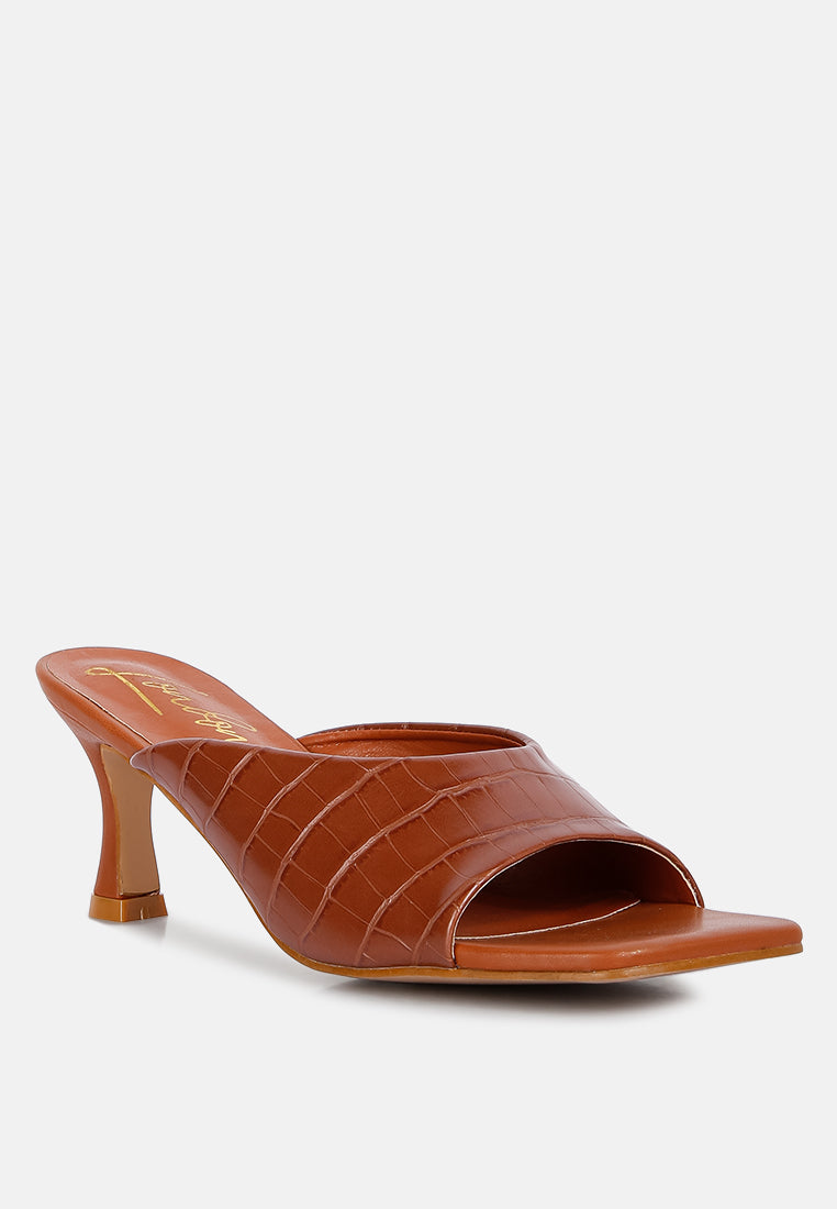 Tan Croc Kitten Heel Slider Sandals#color_tan