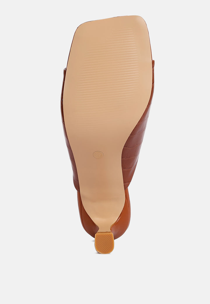 Tan Croc Kitten Heel Slider Sandals#color_tan