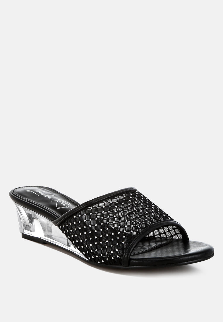 tempra mesh clear heel wedge sandals#color_black