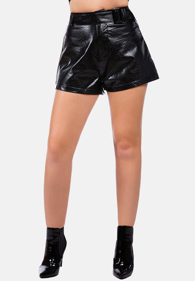textured faux leather belted shorts#color_black