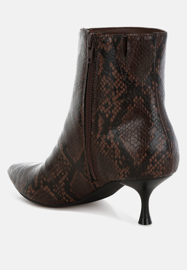 thymus snake print kitten heel boots#color_chocolate