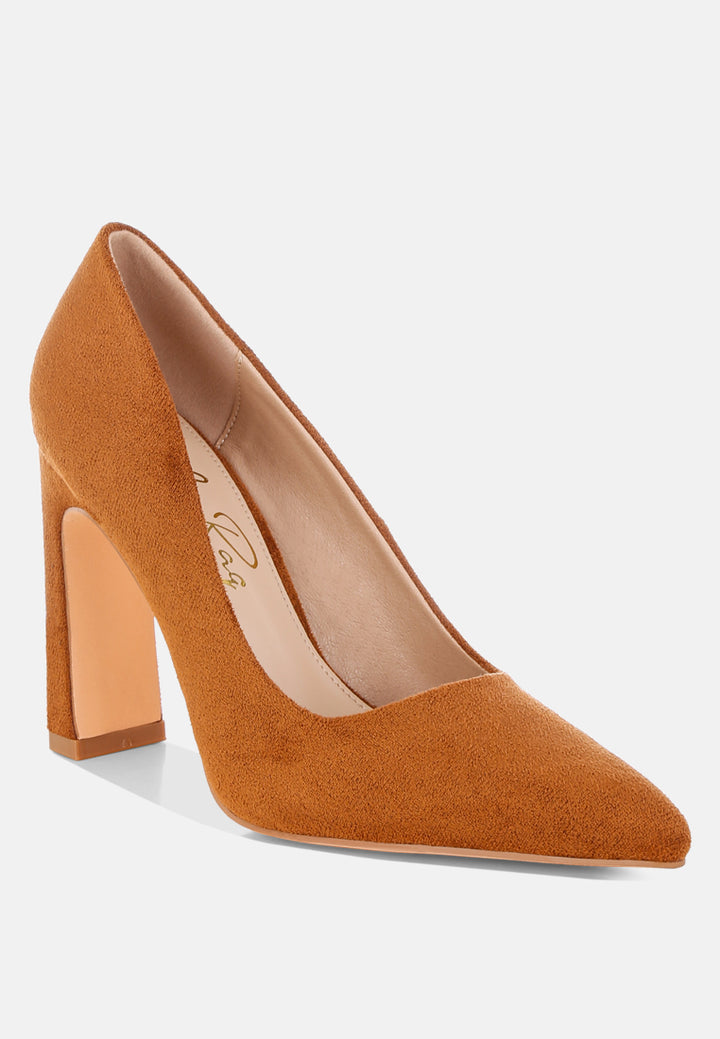 uboa slim block heel pumps#color_tan