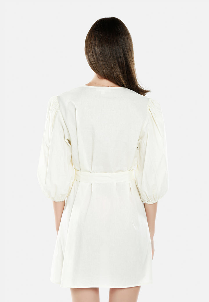 v-neck belt dress by ruw#color_off-white