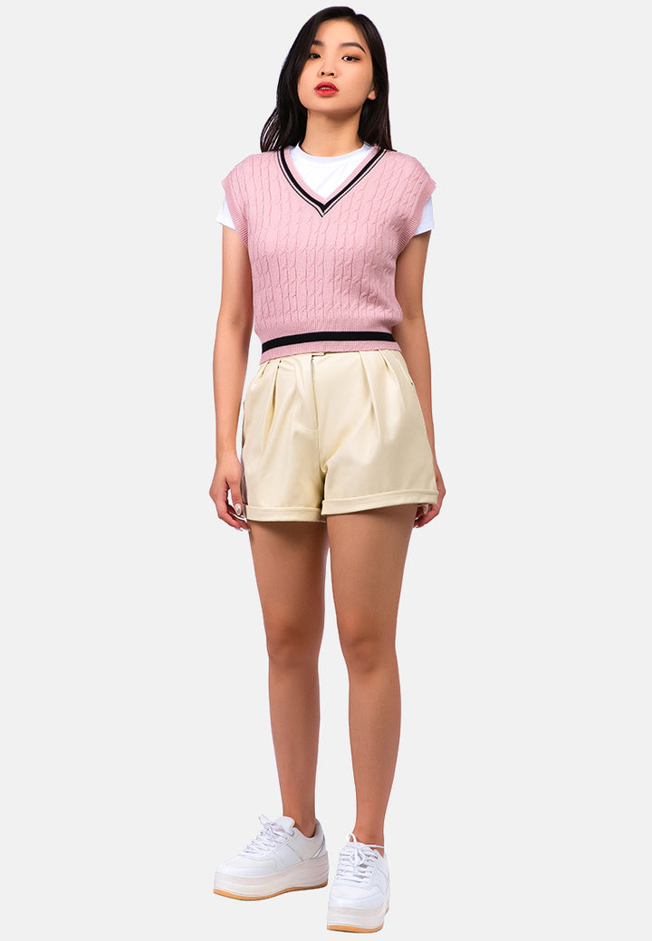pleated faux leather shorts#color_camel