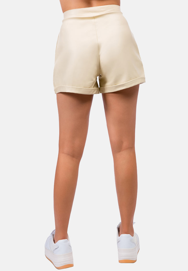 pleated faux leather shorts#color_camel
