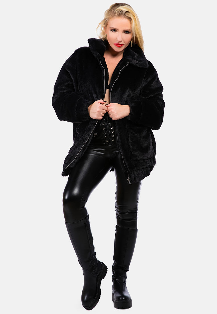 velvet furry long sleeve jacket#color_black