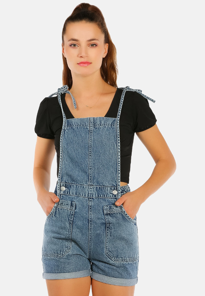 washed denim tie up playsuit#colot_mid-blue