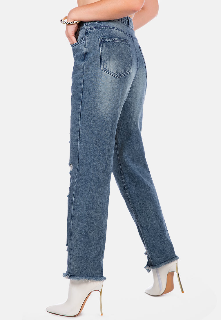 washed distressed straight denim pants#color_mid-blue