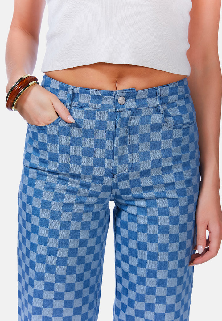 watercolor checks patterned denim pants#color_blue