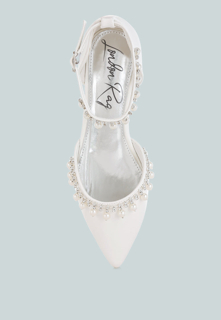 rhinestone & pearl ankle strap flat by mode#color_white