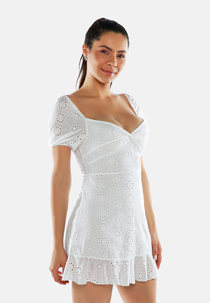 white schiffli sweetheart short dress#color_white