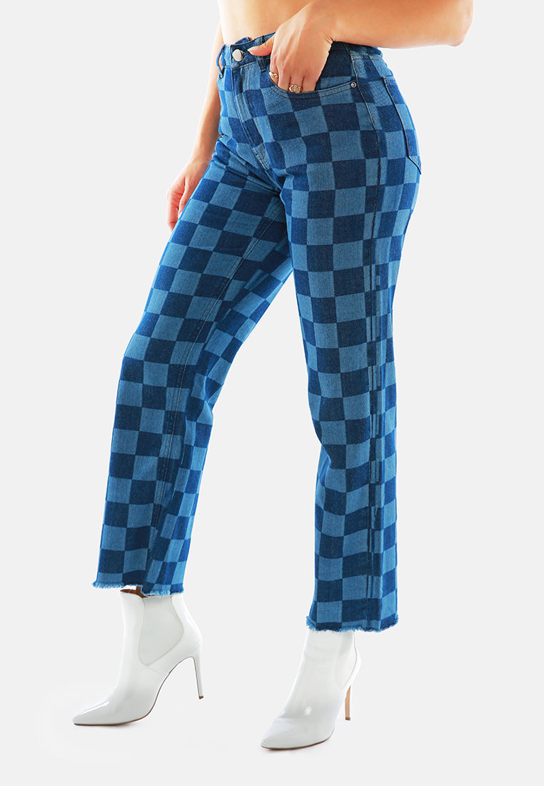 blue wide leg checkered jeans pants#color_blue