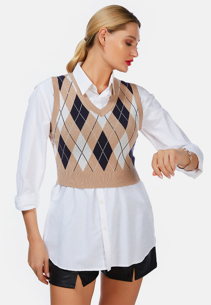 windowpane checks knitted vest#color_tan