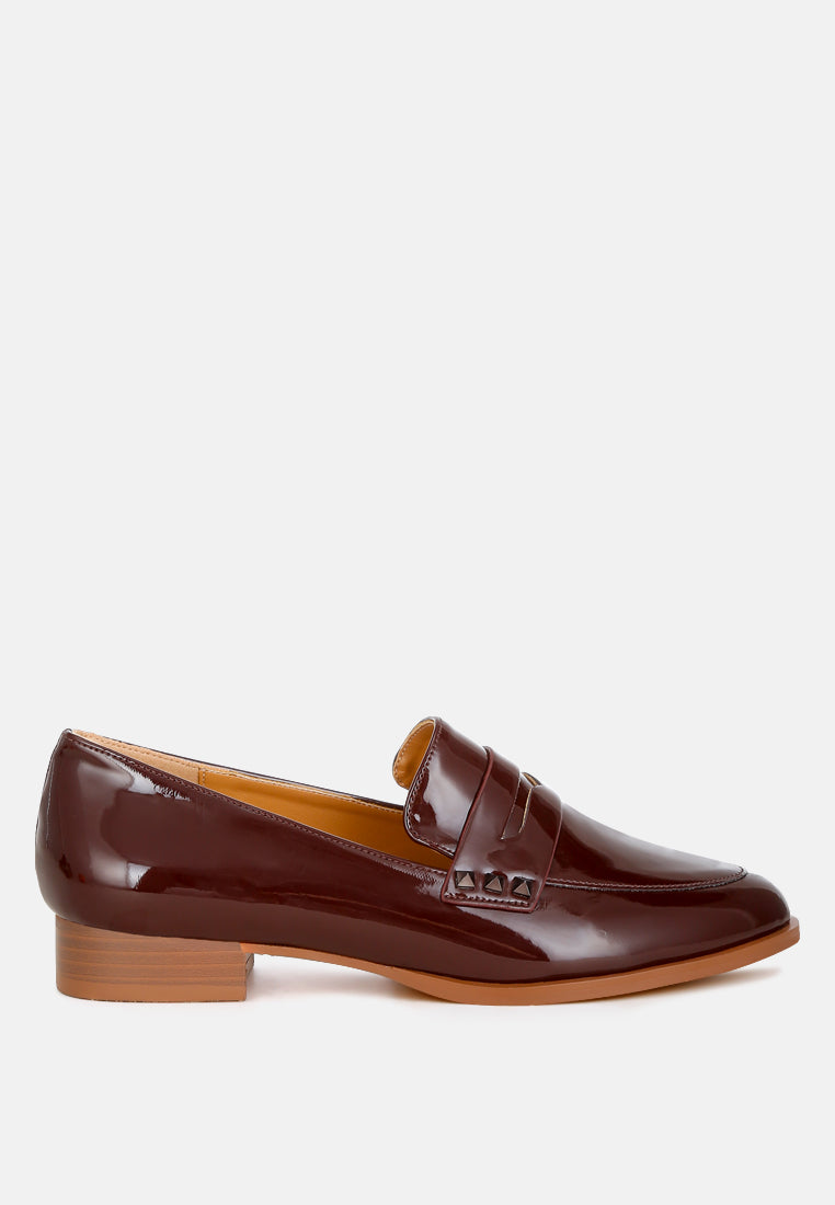 winged patent pleather penny loafers#color_brown