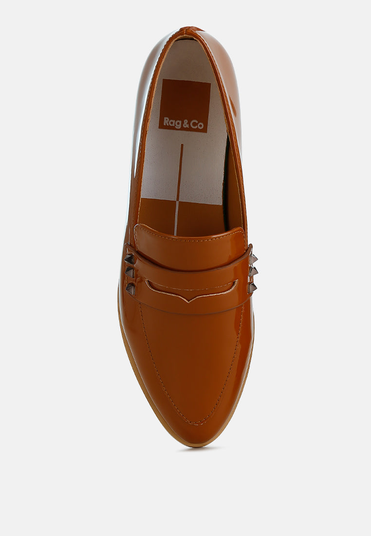 winged patent pleather penny loafers#color_tan