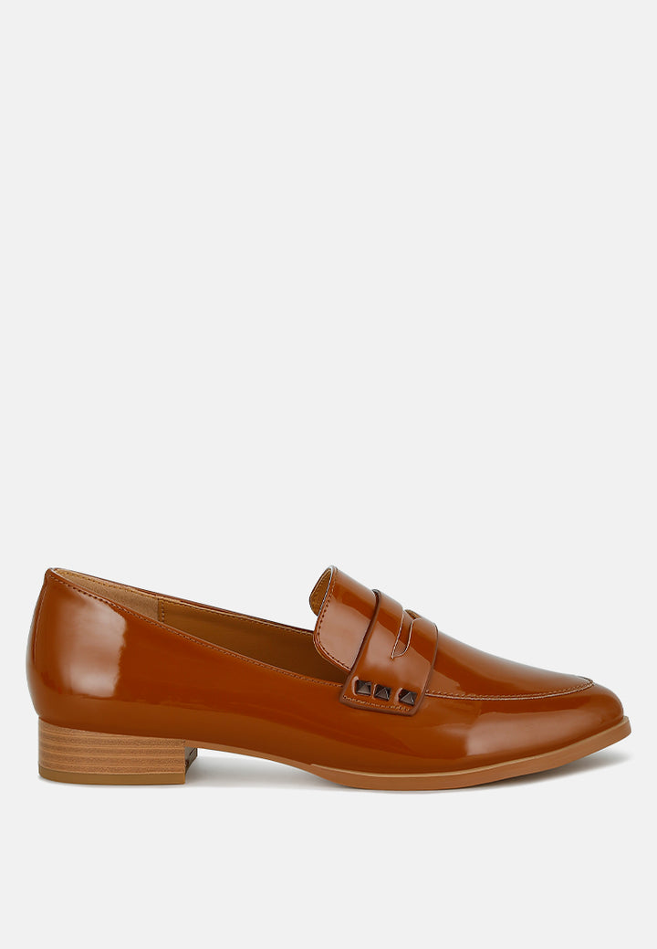 winged patent pleather penny loafers#color_tan