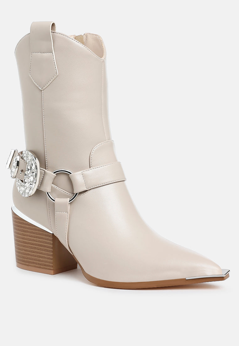 woodstock diamante embellished pin buckle boots#color_beige