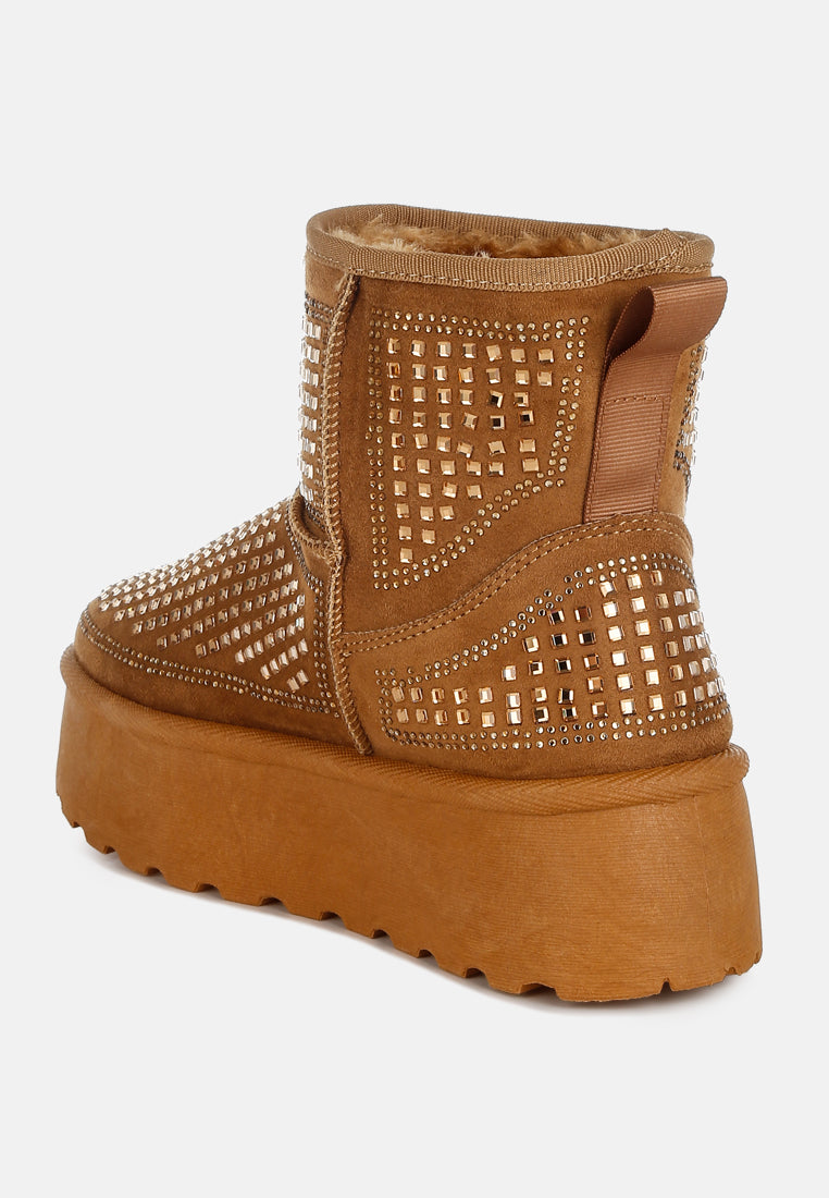 xoras chunky rhinestones ankle boots#color_tan