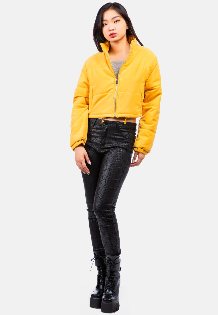 long sleeves puffer drawstring jacket#color_mustard