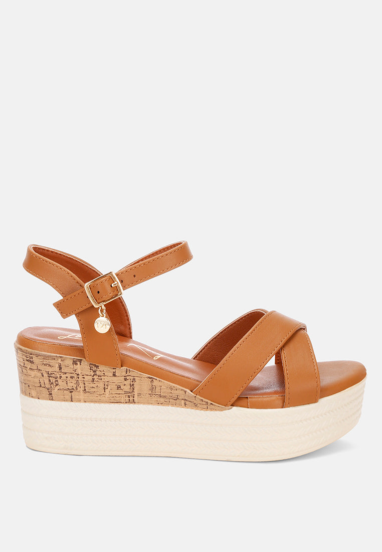 zinny buckle strap contrast heel wedges#color_camel-faux-leather